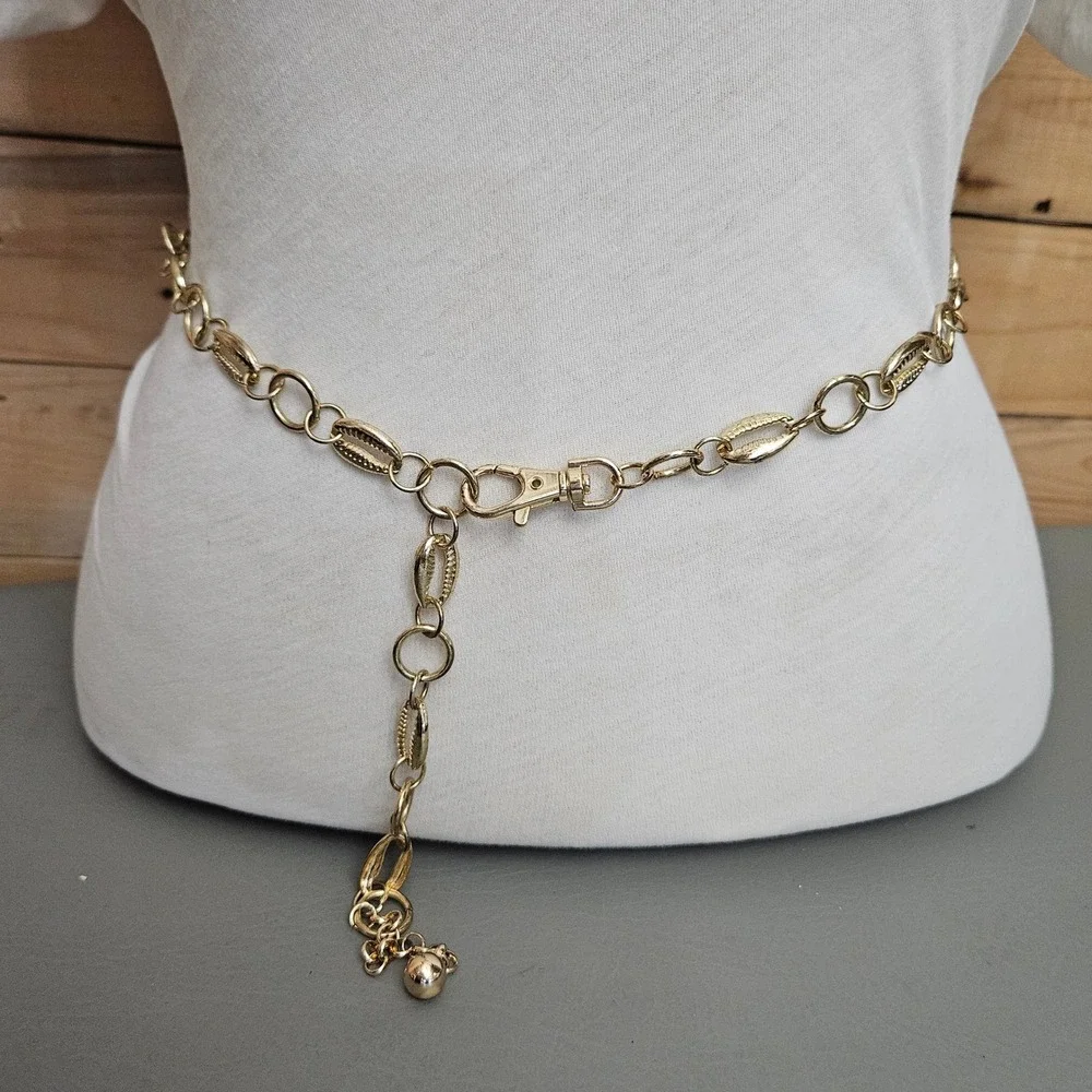 Gold Tone Cowrie Shell Shaped Chain Belt Adjustable Metal Waist 42 Inch Goddess